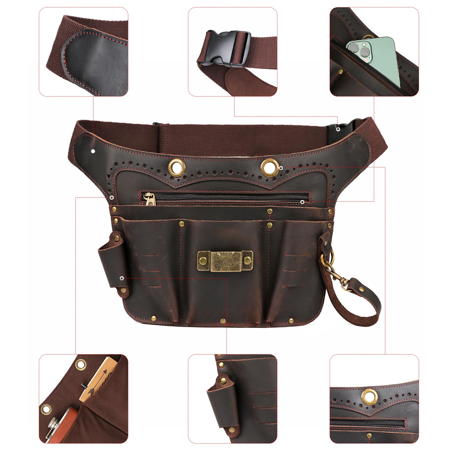 TOURBON - Bolsa de cuero genuino para cinturón de herramientas con trabilla ajustable para cinturón de martillo para electricistas, carpinteros, jardineros