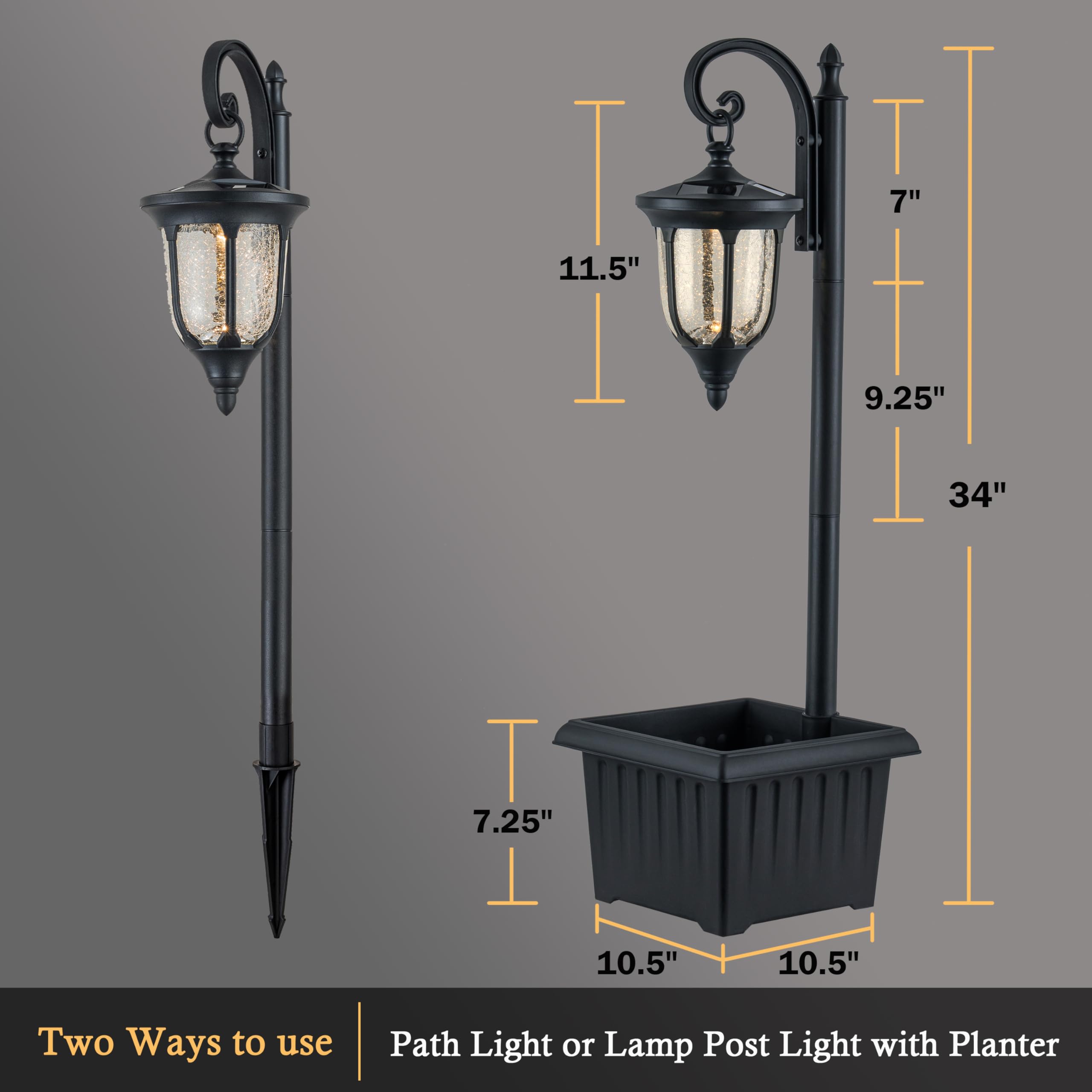 Solar Lichtmast mit Pflanzgefäß, Outdoor Solarleuchten mit Rissglas, Mattschwarz Outdoor Blumentöpfe, Wasserdicht Solar Pfostenleuchten für Balkon Garten und Terrasse