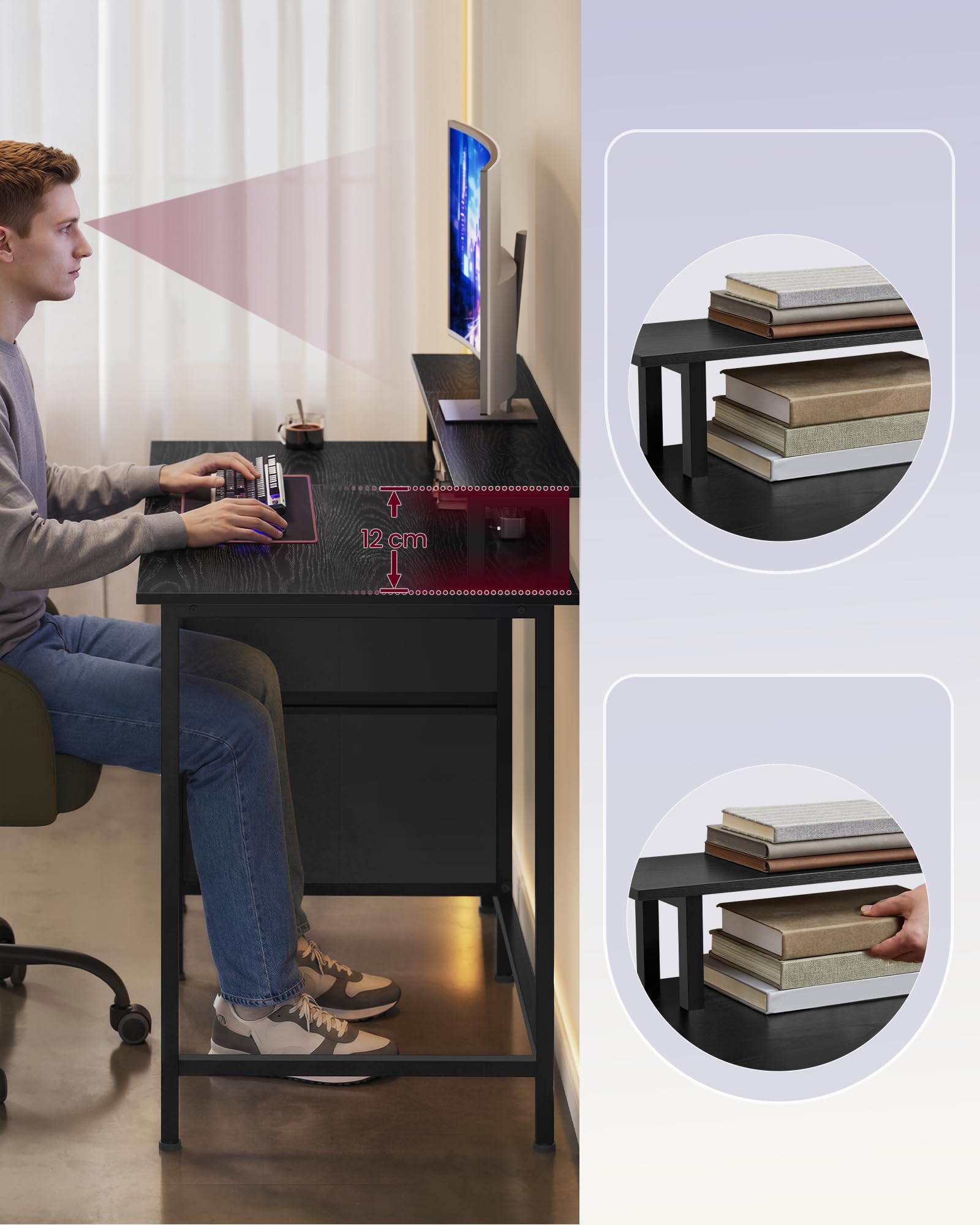 VASAGLE Biurko do gier z szufladami z tkaniny, stół komputerowy ze stojakiem na ekran, listwa zasilająca, 2 porty USB, do domowego biura, 120 x 60 cm, czarny drewno LWD093B01V1