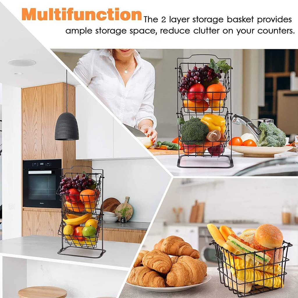Corbeille à Fruits à 2 Niveaux Pour Cuisine, Panier De Rangement En Fer Et Bois 2 Couches Amovibles Pour Fruits Et Légumes Pour Salon, Cuisine, Bureau (noir
