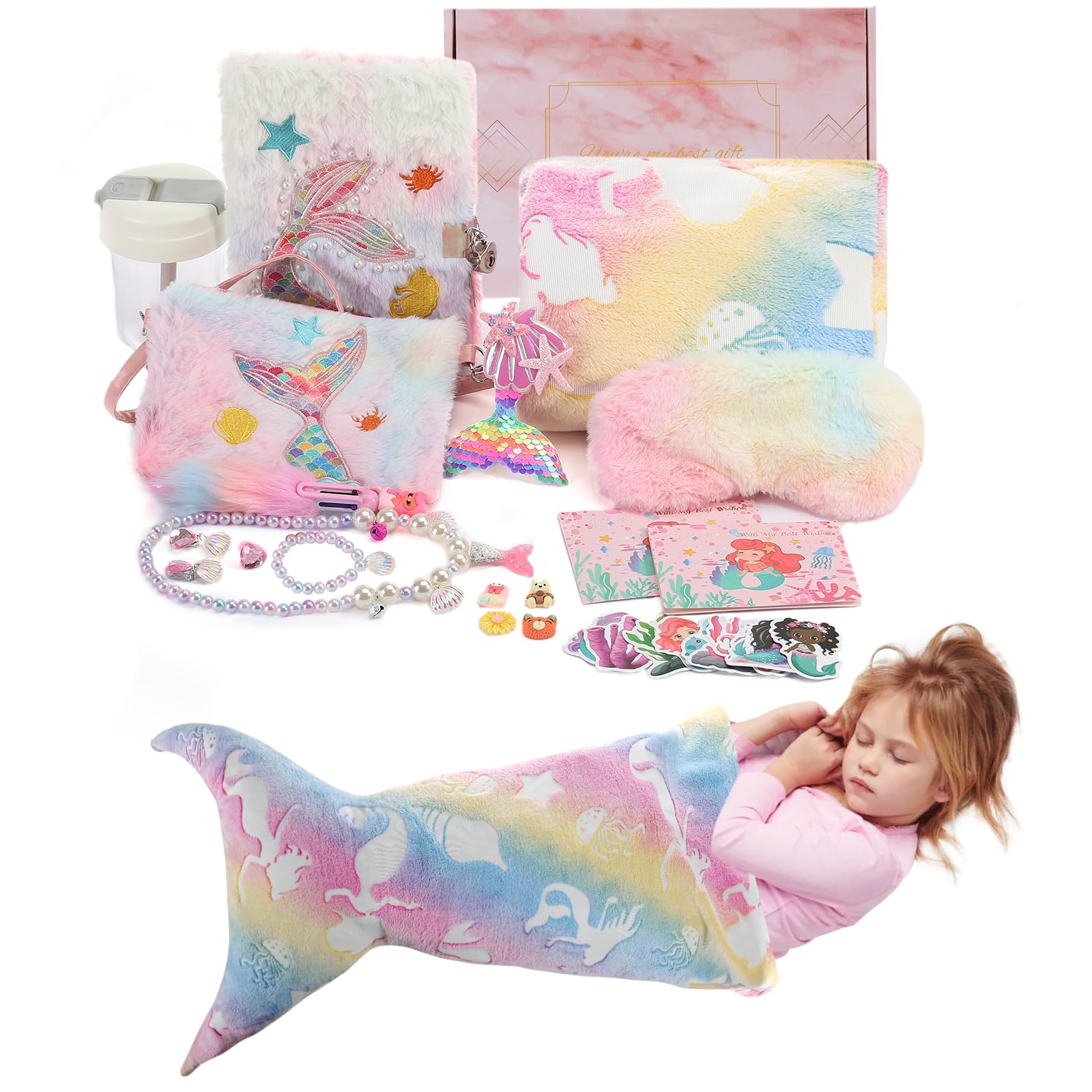 Mermaid Gifts for Girls, Mermaid Tail Blanket Mermaid Jewelry Makeup Set for Girls 3 4 5 6 7 8 9 10 11 12 Years Old