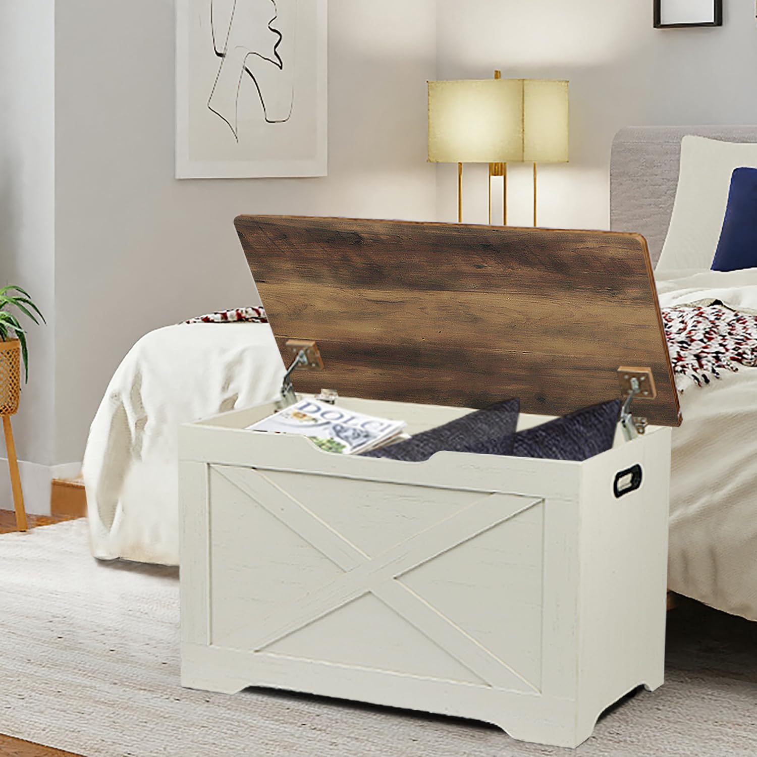 Timberer Storage Bench With Safety Hinges - 15.7"x31.5"x18.9" Wooden Chest For Entryway