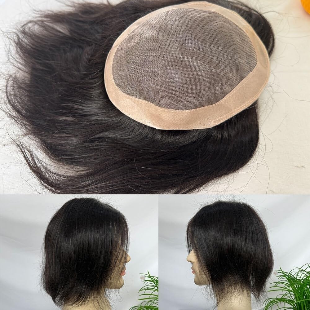 Men's Toupee 9" Indian Human Hair Men's Hairpiece Toupee for Men 6"x8" Fine Mono with PU Base Male Hair Prosthesis(Brown Color)