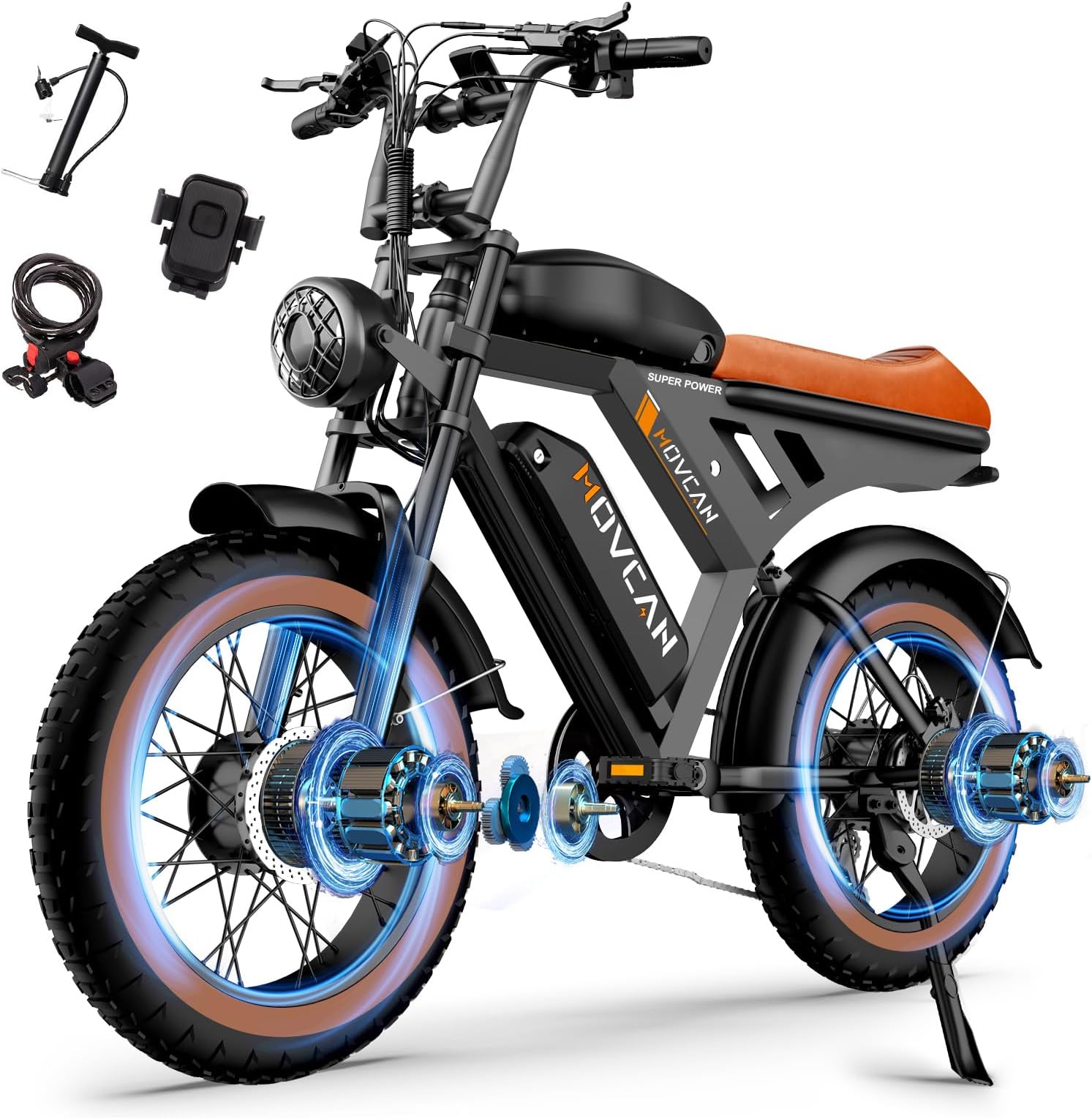 MOVCAN V30PROMAX Dual Motor Dual Battery Electric Bike for Adults Peak 3000W Motor, 37.5MPH &120Miles, 20" Fat Tire Electric Motorcycle Bike, 5-Layer Full Suspension for Commuting/ Off-roading,Brown
