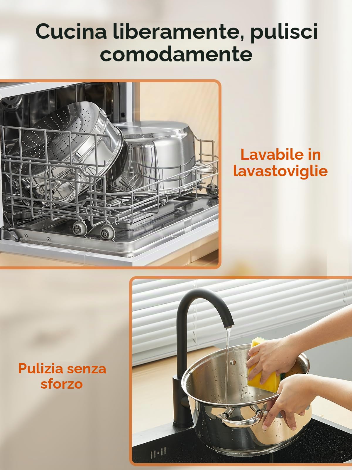 Pentola a Vapore in Acciaio Inox, Cuocivapore, Pentola (3 in 1), Diametro 26 cm, con Coperchio in Vetro, Cuocivapore per Tutti i Tipi di Fornelli, Anche a Induzione, Argento