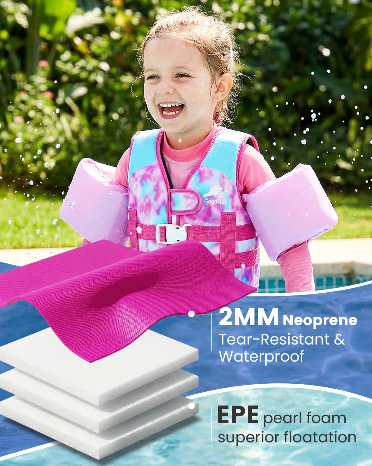 Gogokids Gilet da Nuoto per Bambini con Braccioli, Stile Giacca Galleggiante, Cinghie Regolabili (1-6 Anni/9-30 kg)