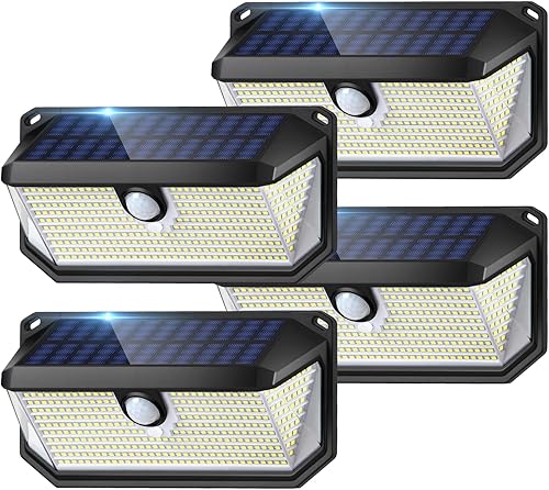 Luces solares impermeables para exteriores, paquete de 4, 388 luces LED superbrillantes con sensor de movimiento con luces reflectoras y 3 modos de Luces solares impermeables para exteriores, paquete de 4, 388 luces LED superbrillantes con sensor de movimiento con luces reflectoras y 3 modos de