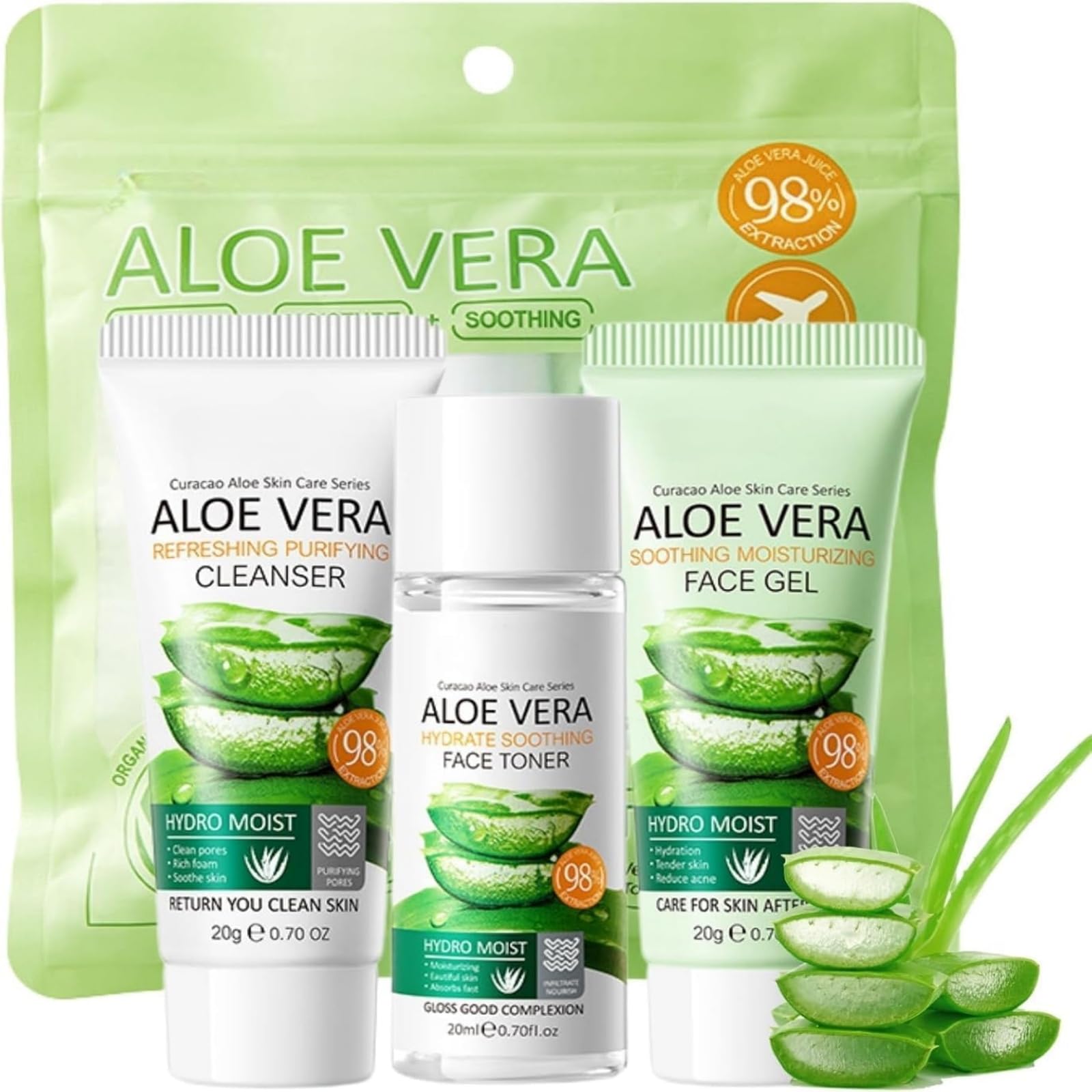 3PCS Aloe Vera Travel Skincare Set for Women & Teenage Girls - Hydrating Soothing Facial Kit with Repairing Gel