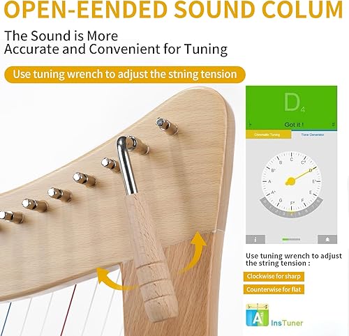 Miniatura 11 de Arpa de lira, Lotkey 23 cuerdas de metal, cuerpo de caoba y tablero de abeto sólido, arpa de lira con llave de afinación, cuerdas de extracción
