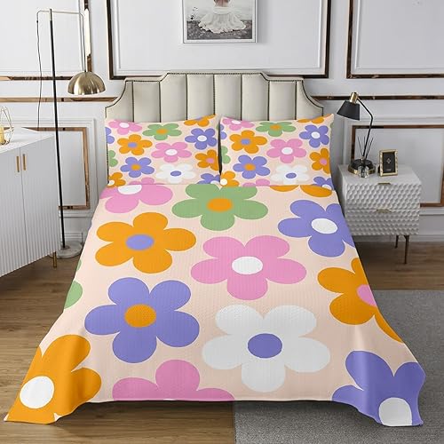 Erosebridal Juego de edredón floral de los años 60 y 70, tamaño individual, juego de colcha colorida de flores hippie para niños y niñas, juego de