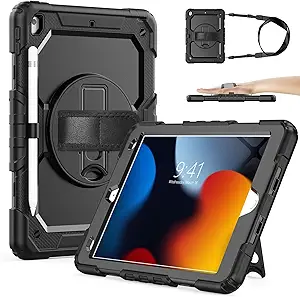 Sibeitu iPad 9th Generation Case 2021 10.2 Inch with Screen Protector & Kickstand, Protective iPad 7th 8th Gen Shockproof Case 2019 2020 Cover with Hand Shoulder Strap, Heavy Duty & Rugged, Black