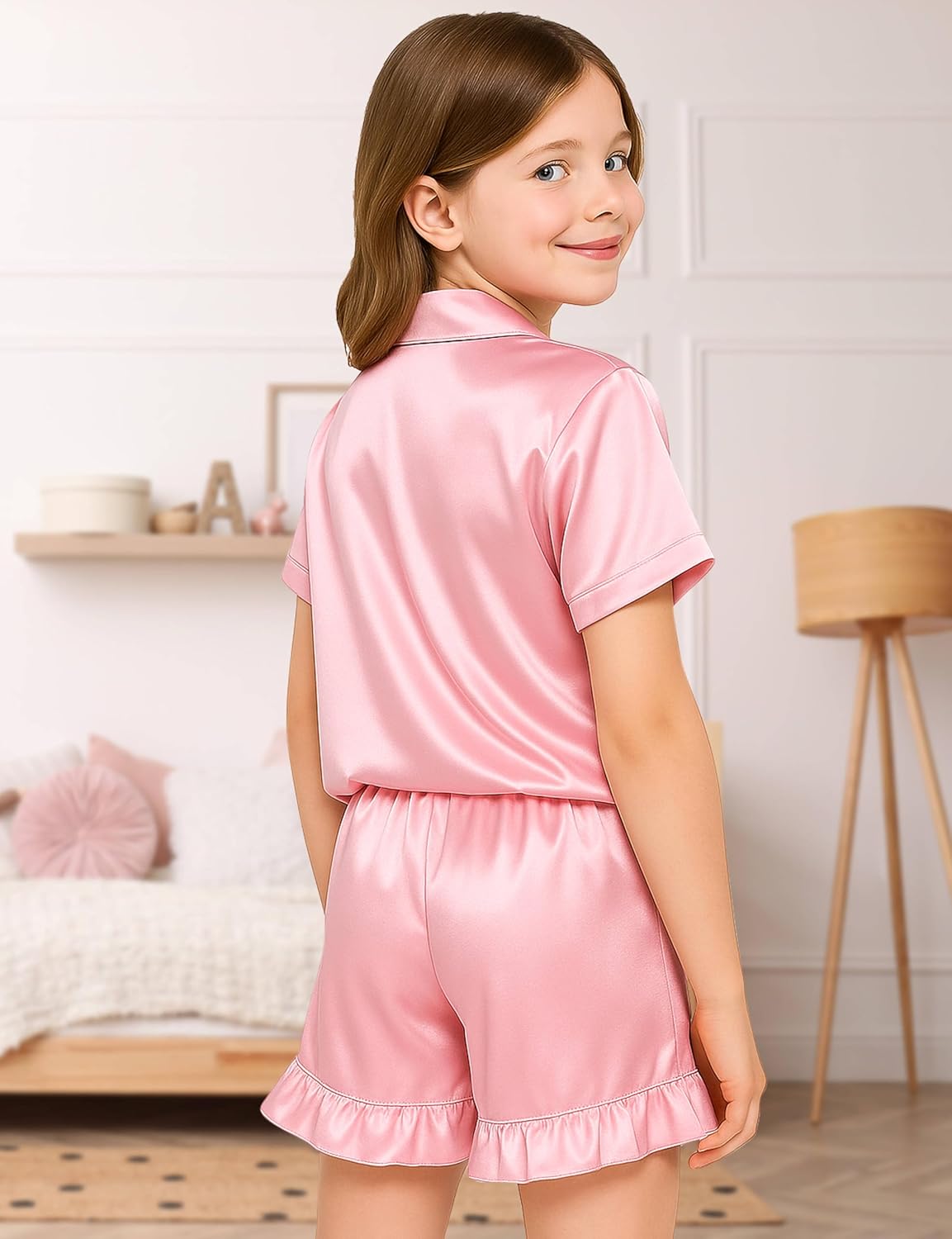 Kids Silk Pajamas for Girls Satin Pajama Sets 2 Pcs Ruffle Pajamas Girls Button Down Pjs Set Sleepwear Loungewear - Image 6