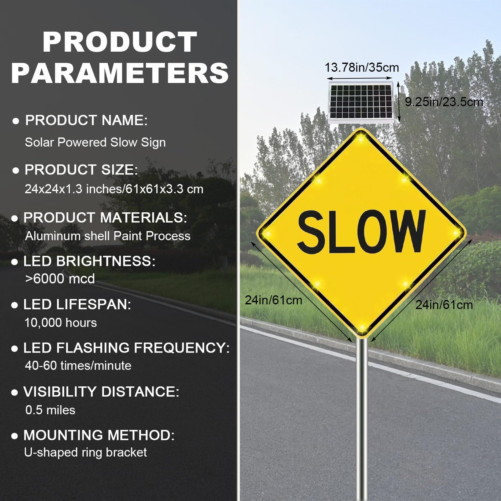 Señal Luminosa De Seguridad Intermitente con LED – Alimentada por Energía Solar, Cartel De Aluminio Reflectante para Seguridad Vial Exterior, Marco De Aluminio, 8 LED 24"