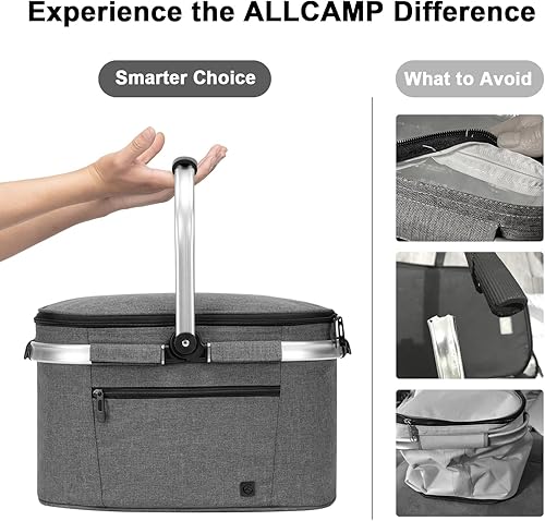 Miniatura 4 de Nevera portátil AllCamp tipo cesta de picnic plegable con aislante, tamaño grande con costura en el marco, English, L, gris