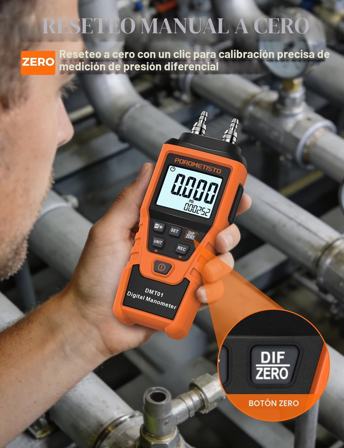 DMT01 Manómetro Digital Precisión, ±5 PSI / ±34.47 kPa, 12 Unidades, HVAC Diferencial, ±0.3% FS, Doble Puerto Gas, Retroiluminación, Retención de Datos, Ajuste Manual Cero