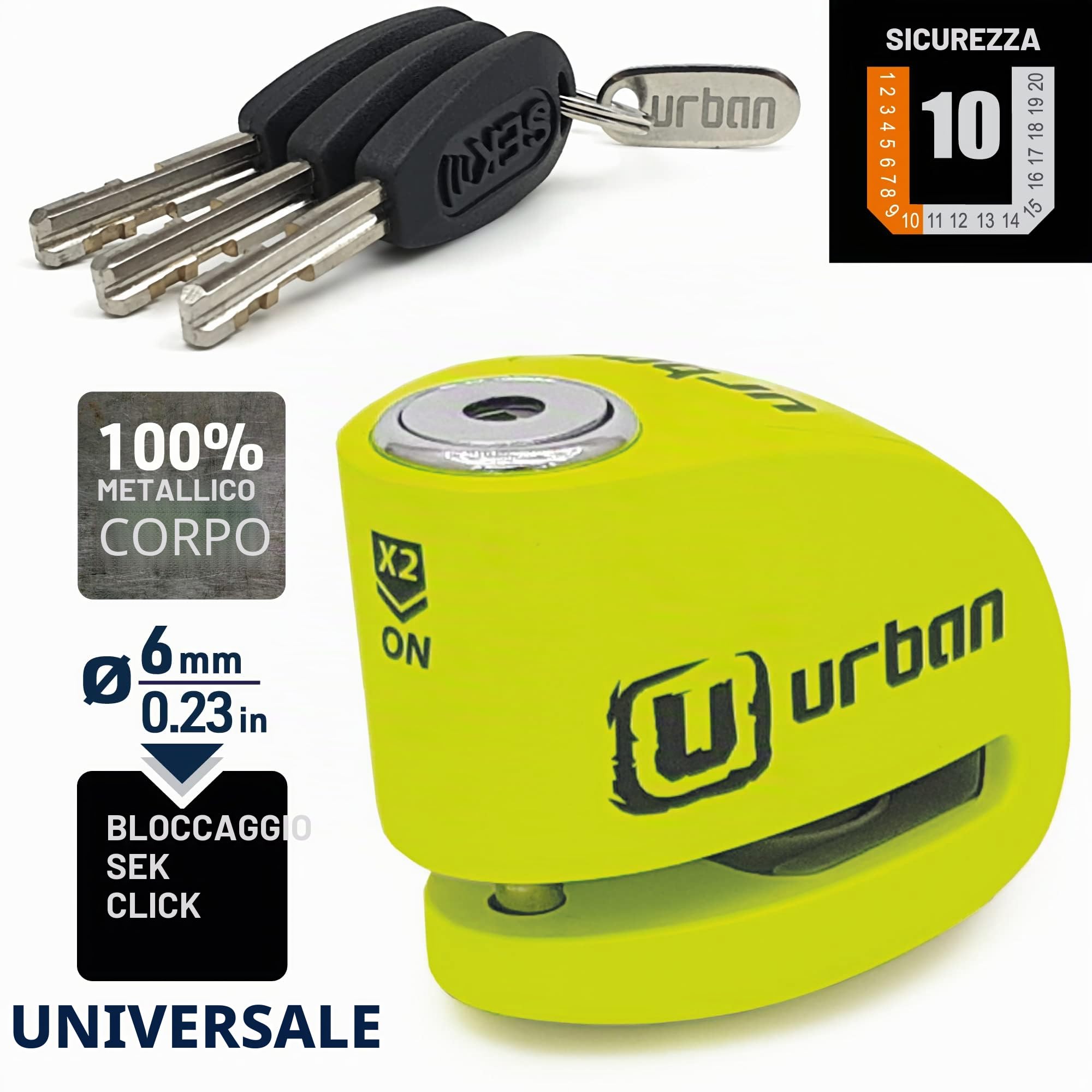URBAN UR906X Antifurto Moto con Allarme Lucchetto Bicicletta Bloccadisco Scooter 120 dB ON/OFF Sicurezza Monopattino Elettrico 120dB Sonoro, ø6 Blocco Impermeabile