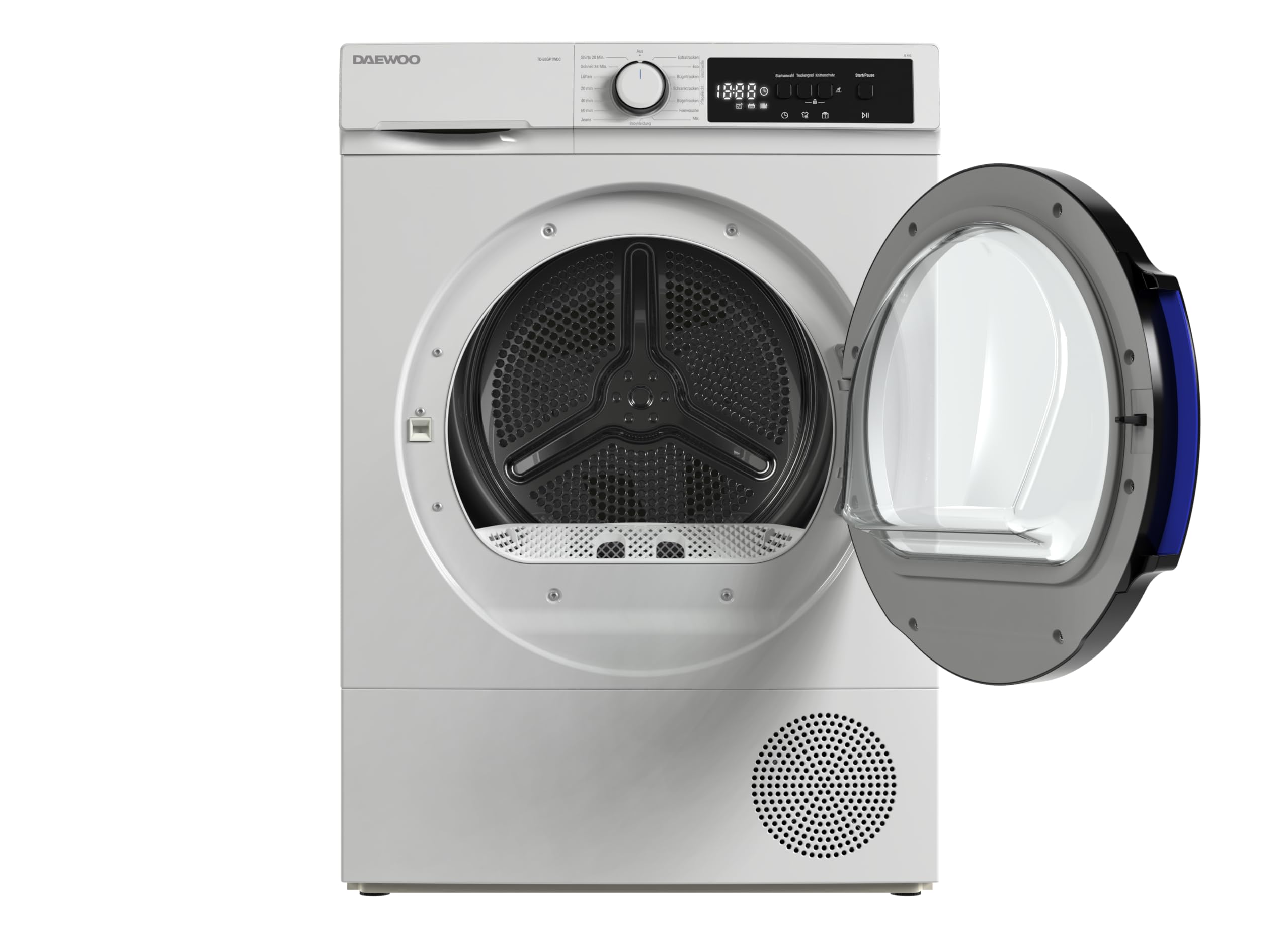 Daewoo TD-B8GP1WD0-DE Wäschetrockner Frontlader, D, 8 kg Wärmepumpentrockner, 15 Programme mit Kurzprogramm, LED-Trommelbeleuchtung, Knitterschutz, Weiß