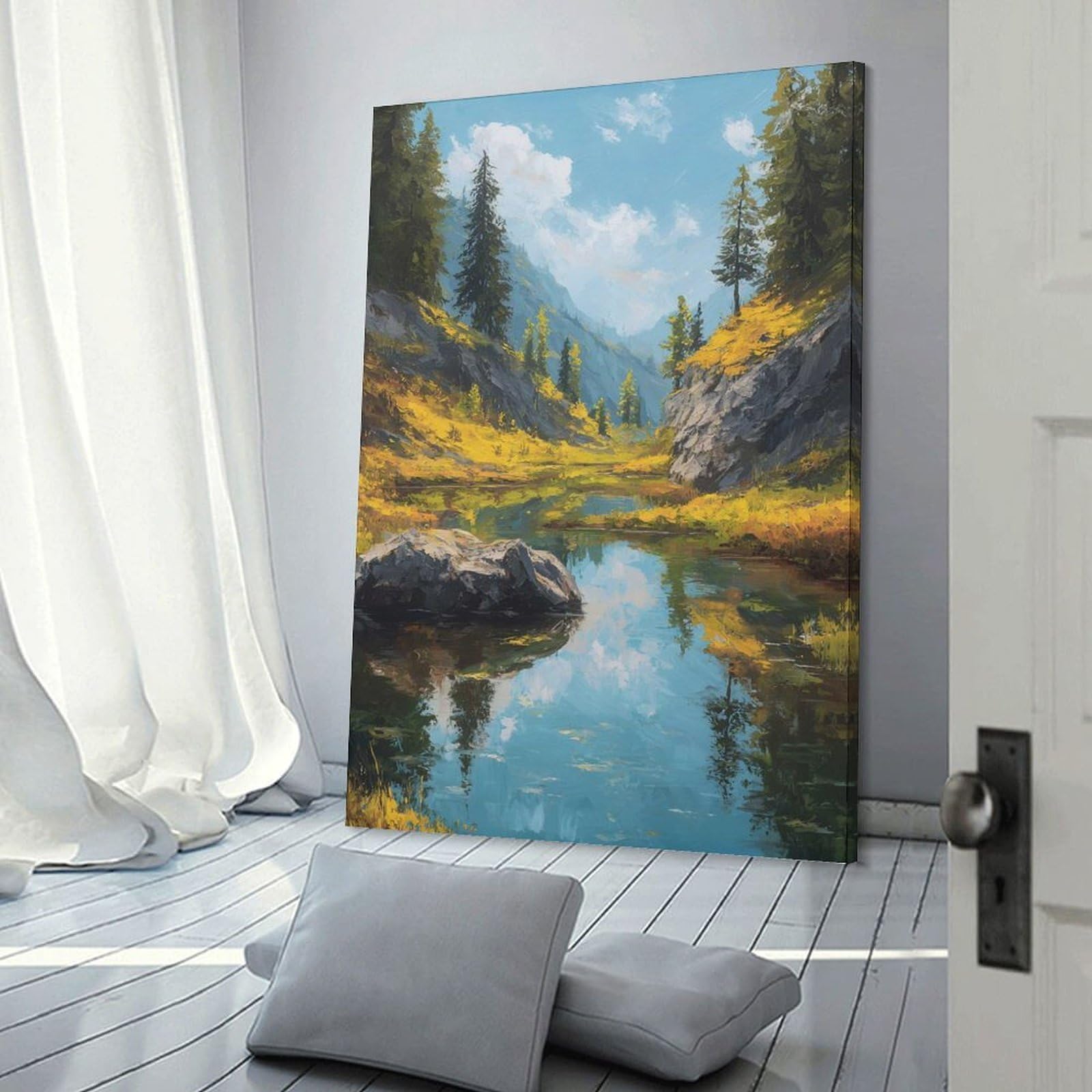 Junmoney Canvas Art Print Mountain Lake Reflection Painting, 16x24inch(40x60cm), for Office, Study Or Home Workspace, Decorative Artwork for Productive Spaces