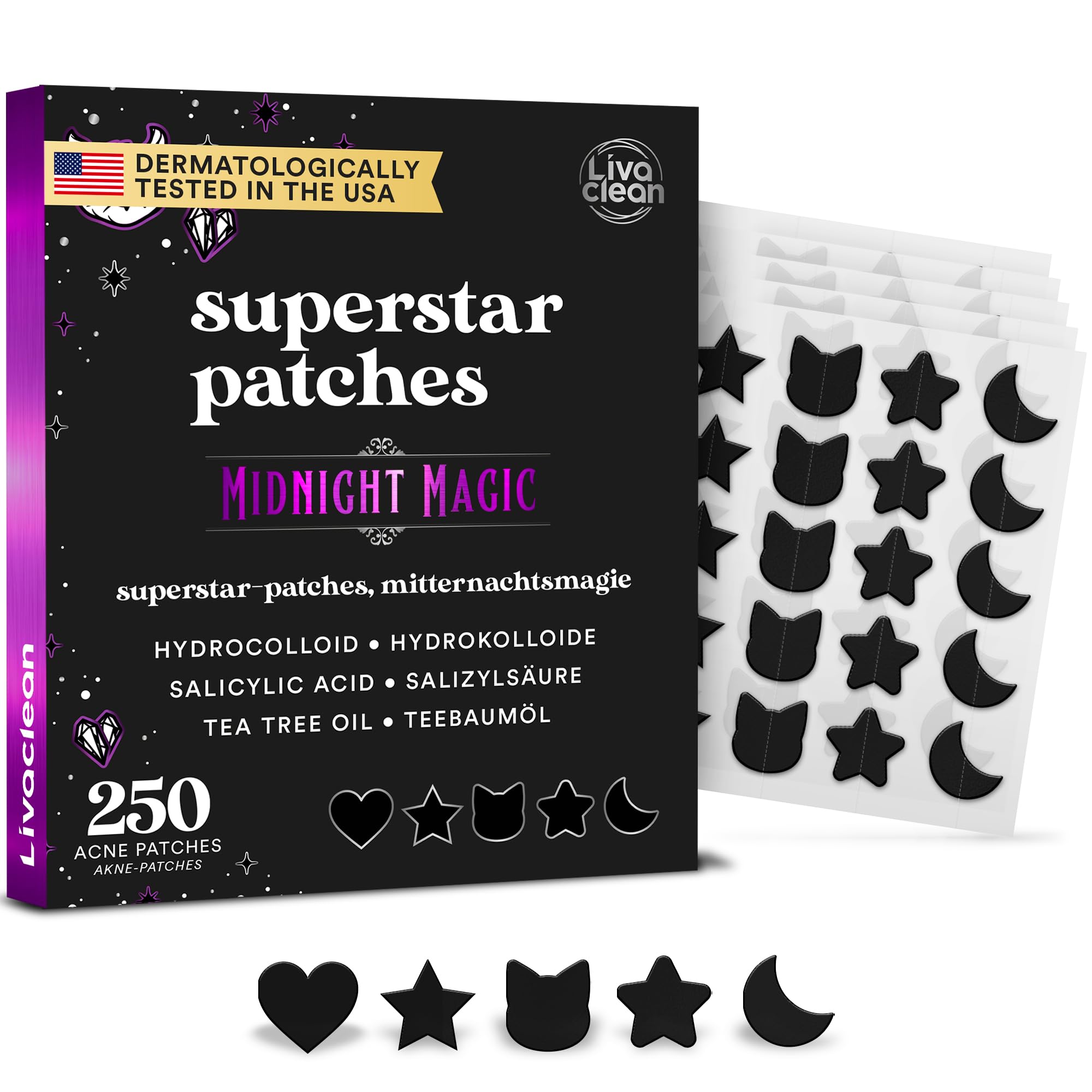 LivaClean 250CT Pickel Patch Sterne Midnight Magic Black with Teebaum – Hydrocolloid Pimple Patches for Face, Anti Pickel Patches, Pimple Pflaster, Acne Patch