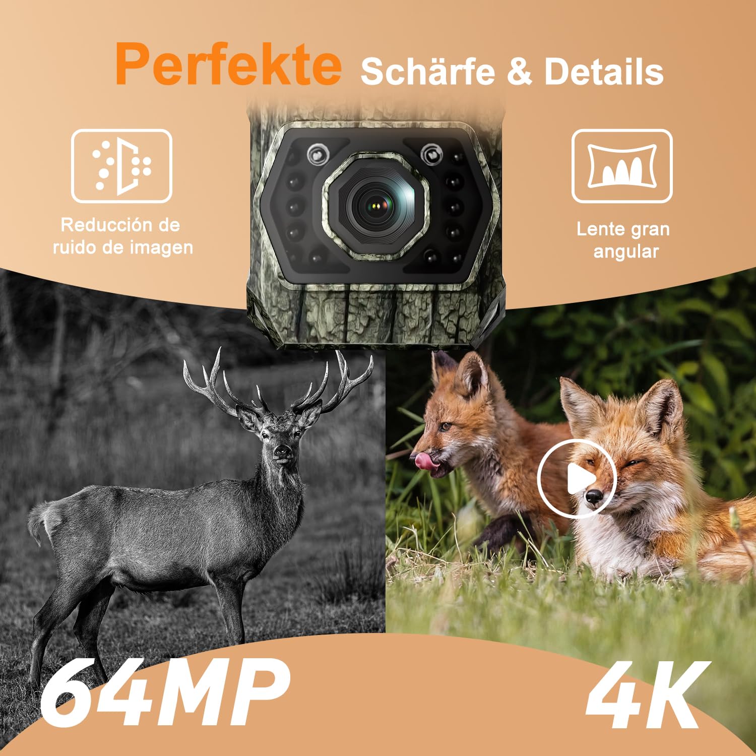 Wildkamera WLAN mit Handyübertragung App, 4K 64MP Solar Akku 5200mAh Bewegungsmelder Nachtsicht 0,1s Auslösezeit Bluetooth IP66
