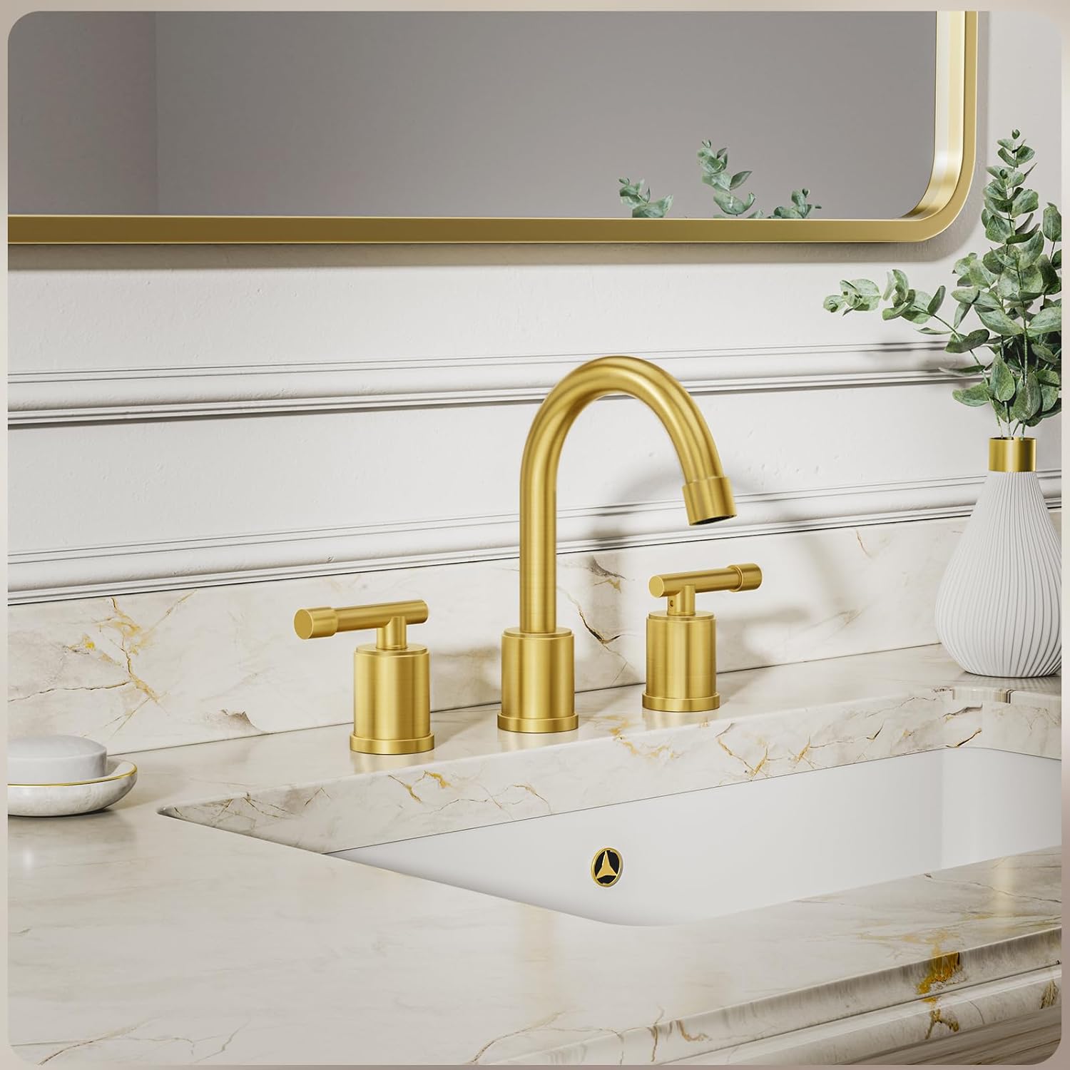 Phiestina Brushed Gold Widespread 8 Inch Bathroom Faucet,3 Holes 2 Handles Modern Bathroom Sink Faucet with Metal Pop-Up Drain & Water Supply Line,WFZY01-BG - Image 2