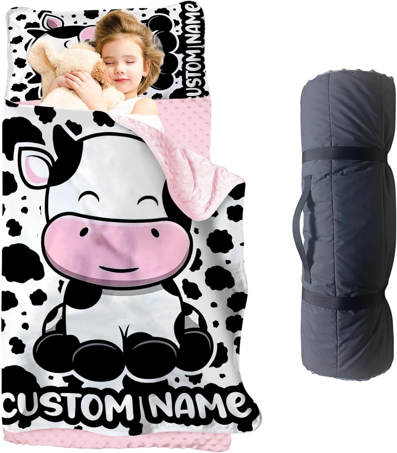 Personalized Toddler Nap Mat for Girls, Custom Name Sleeping Mat with Animal Design, Soft & Cozy Preschool Nap Mat with Pillow & Blanket, Roll Up Daycare Nap Mat for Kids