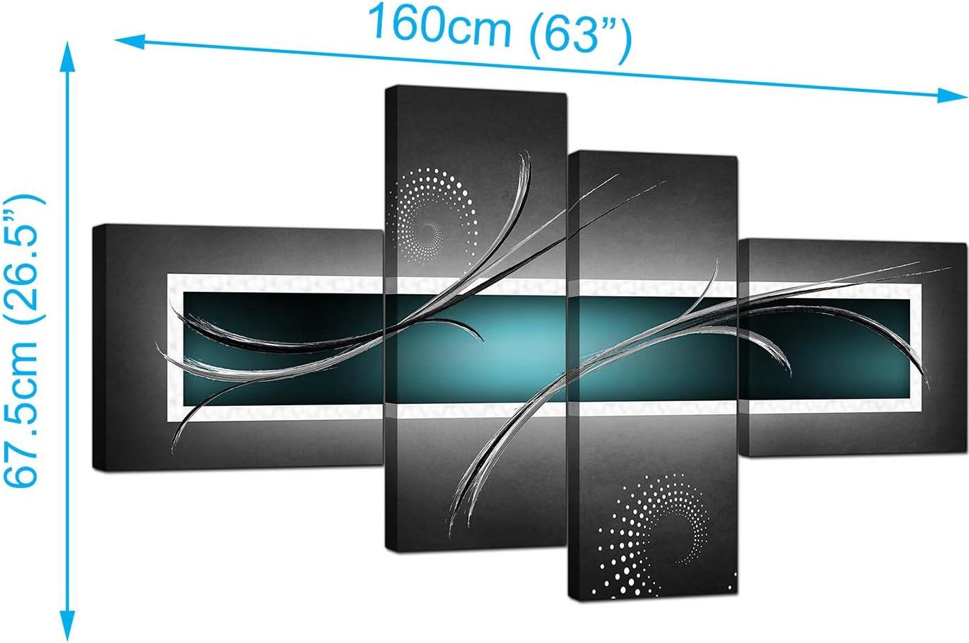 Wallfillers Teal White Grey Modern Abstract Canvas - Multi 4 Part - 62 Inches Wide - 4228