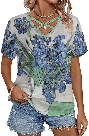 Womens Unique Print Short Sleeve Cut Out Tops Casual V Neck Choker T Shirt Tees