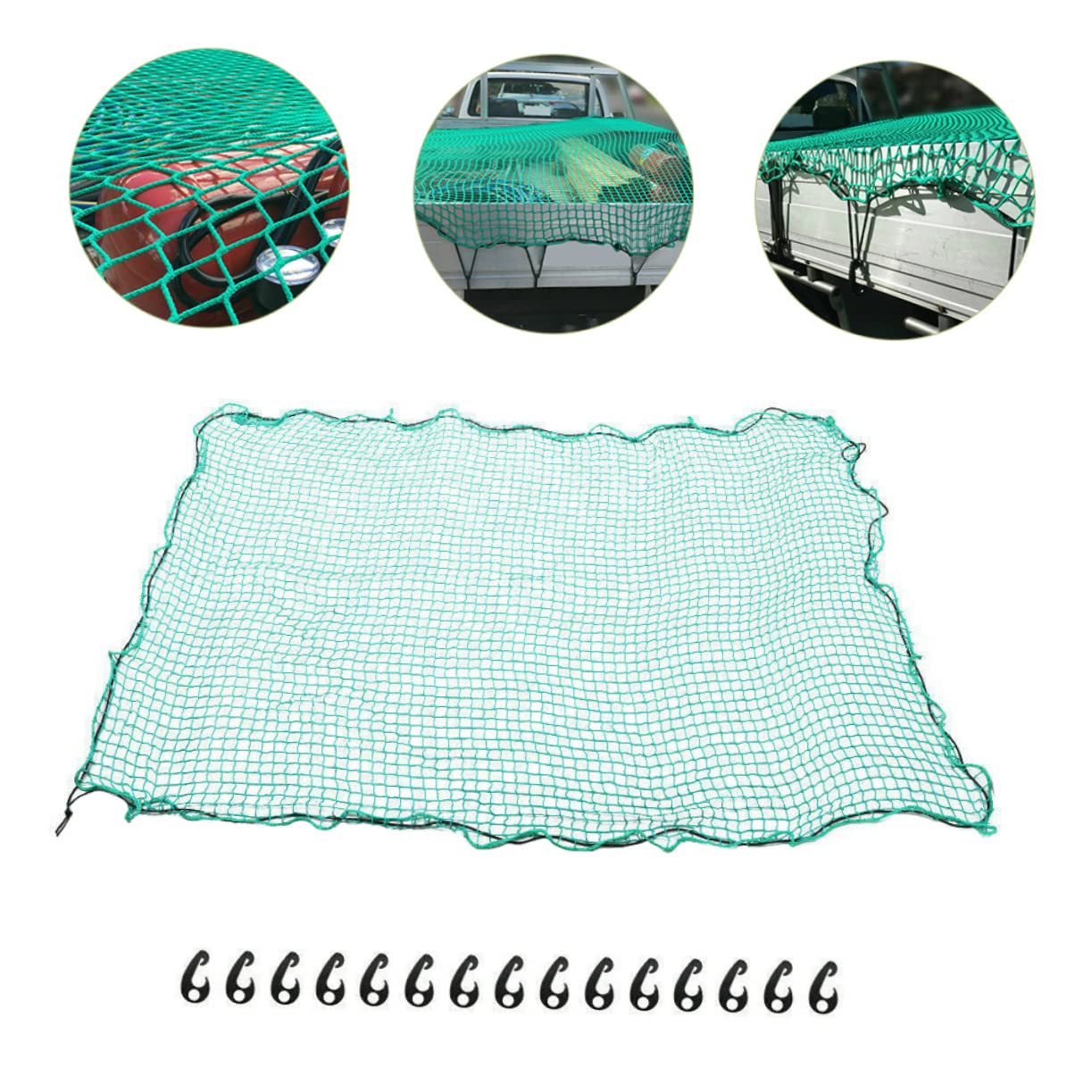 Rete di Carico per Pickup in Nailon Resistente agli Strappi con Corda Elastica e 15 Ganci per Uso All'aperto e Trasporto Sicuro Durante Spostamenti e Lavoro