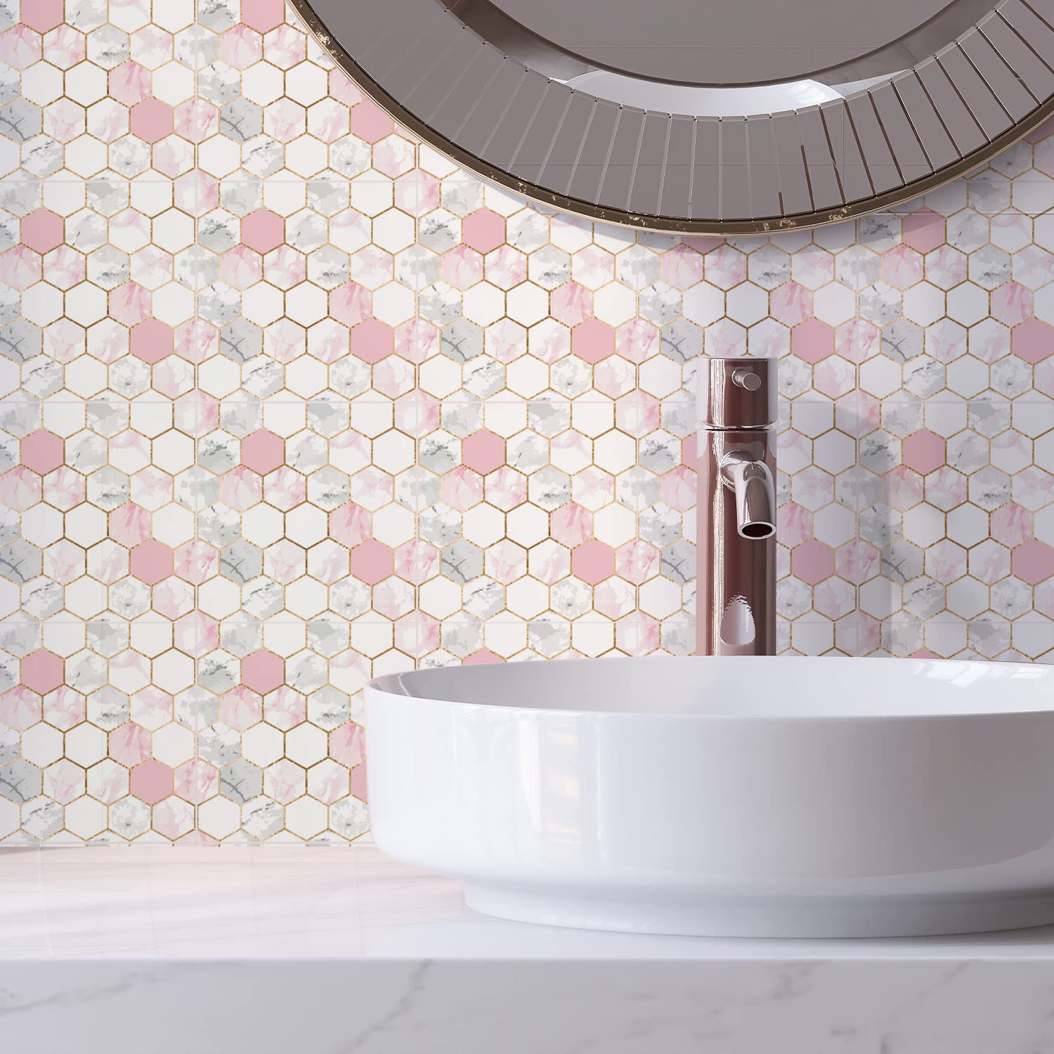 LMYSXAOZ Tile Stickers Pink Honeycomb Stick On Tiles,Self Adhesive Wall Tiles for Kitchen Bathroom,Vinyl Peel and Tiles,Stick Waterproof Oilproof 24 PC(20x20cm)