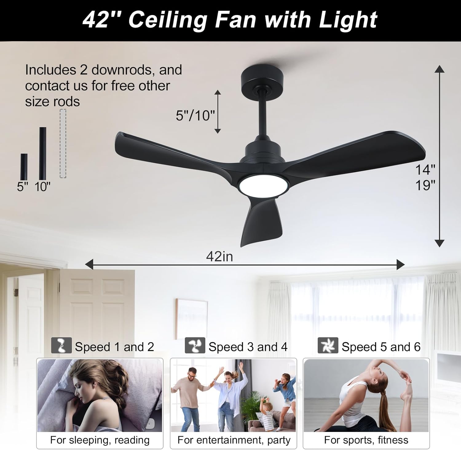 42 Inch Black Ceiling Fan with Light and Remote, 6 Speeds Quiet DC Motor Modern Ceiling Fan with Light, Indoor Outdoor Ceiling Fans for Patio Bedroom Living Room