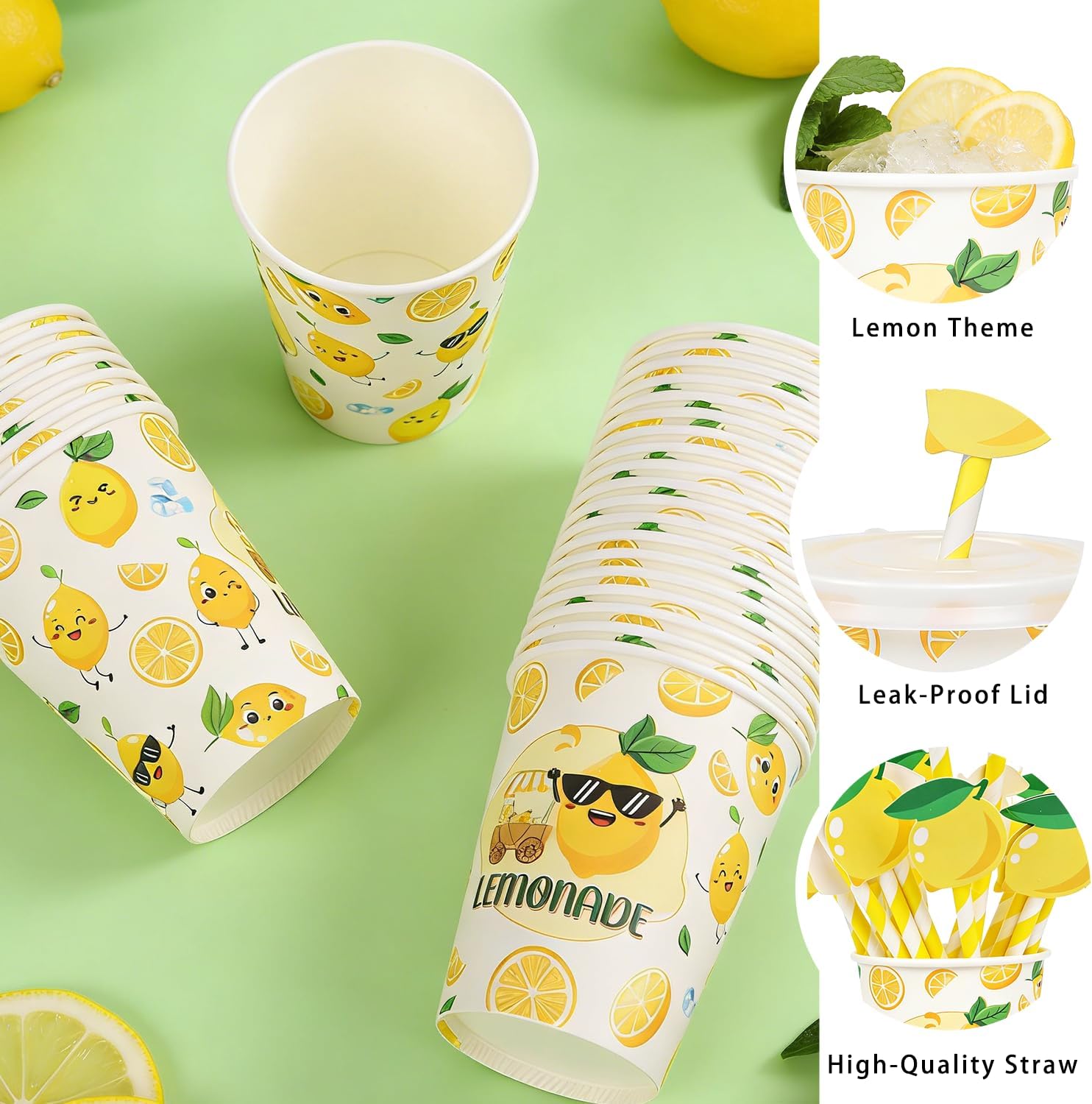 Lemonade Stand Party Supplies - 300PCS 9 Oz Fresh Lemonade Cups with Lids and Lemon Drinking Straws Disposable, Lemon Drink Fruit Juice Paper Cup Decorations for Party (100 Pack)