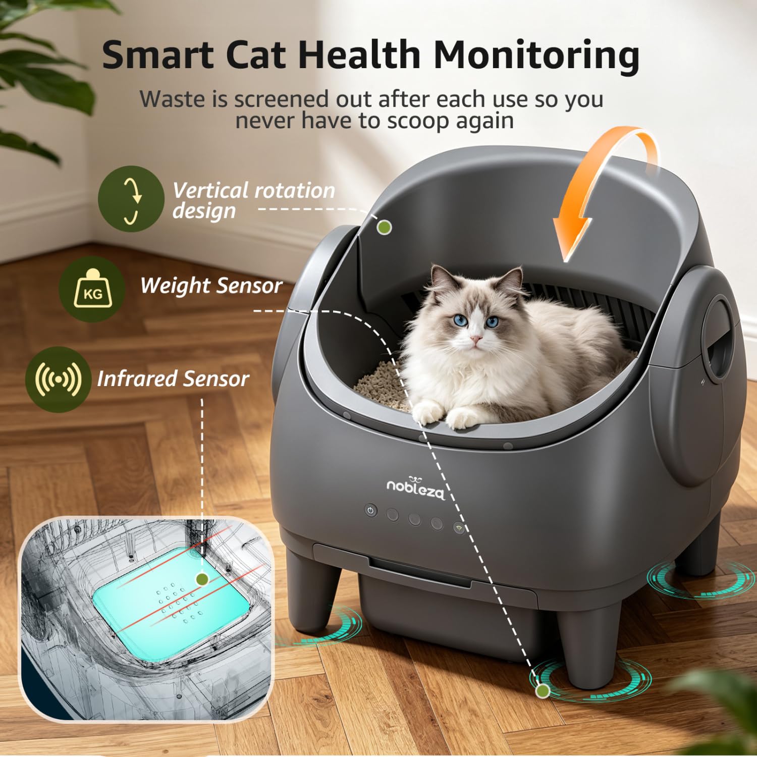 Nobleza Arenero Gatos Autolimpiable Abierto - Arenero Automático Inteligente con Control por App, Multi-Sensores de Seguridad, para Gatos 1-15kg, Incluye Bolsas y Desodorantes, Gris