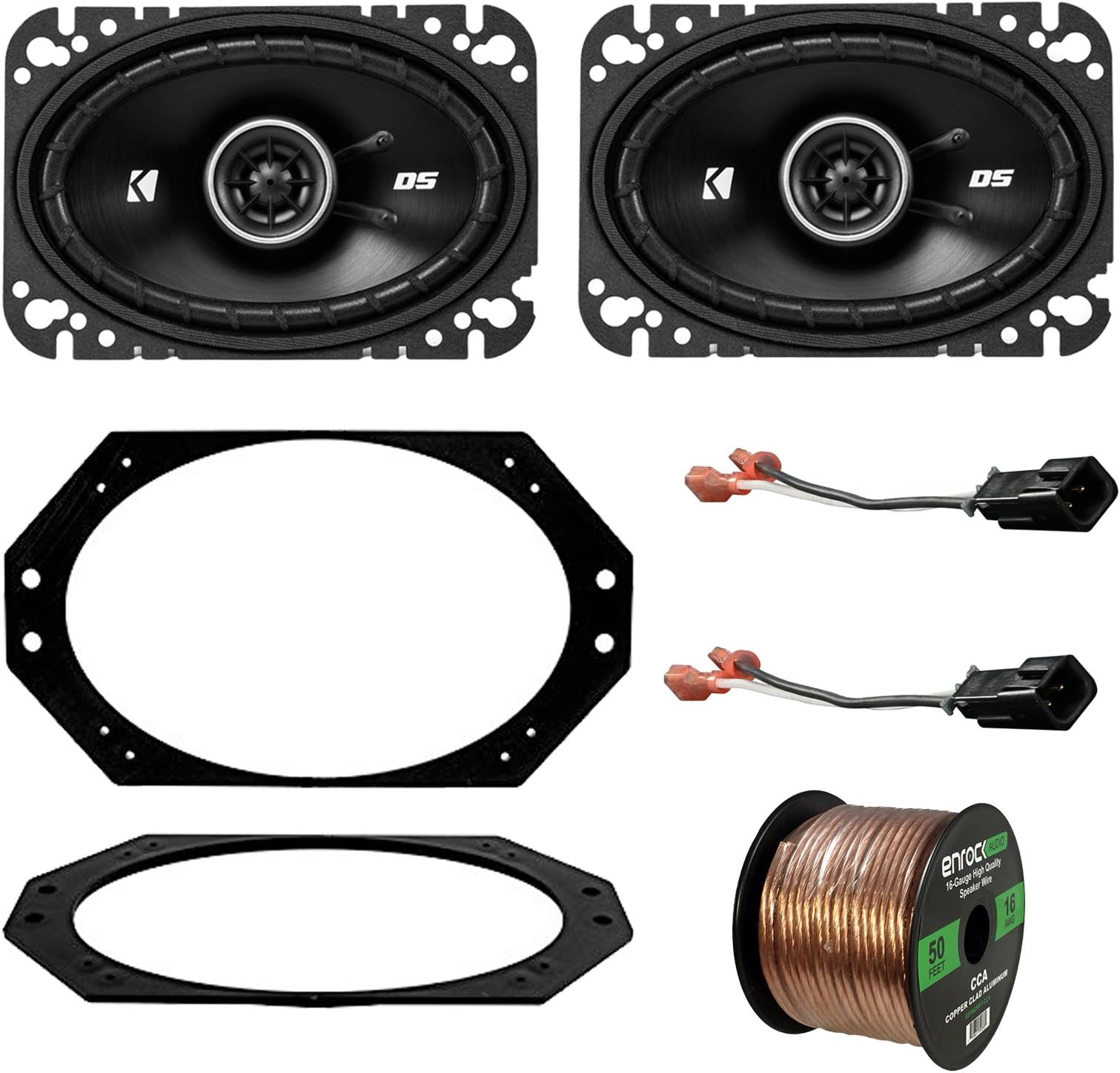 97-06 Jeep Wrangler Speaker System Bundle With 2 Kicker 40CS464 4x6" 150 Watt Car Audio Speaker + Metra 82-1011 Speaker Adapter Plate + 72-6512 2-Pin Speaker Connector + Enrock 50ft 16g Speaker Wire