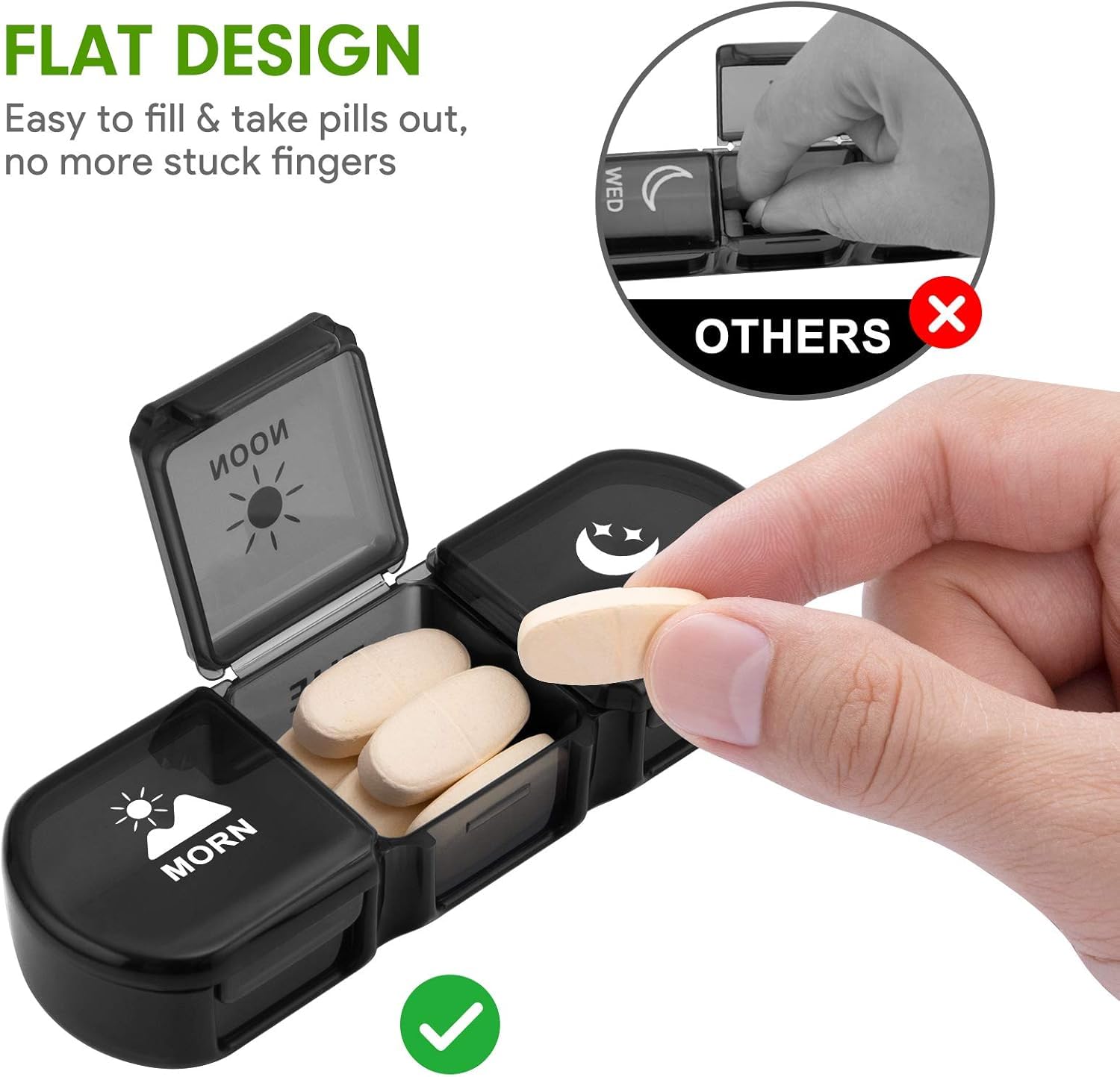 POPCUBE Weekly pill organizer - Medicine Organizer Box, portable rectangle travel pill box weekly with large compartments moisture-proof pill case for vitamin, Medicine, pills, supplements. (Black-3 compartment) 2