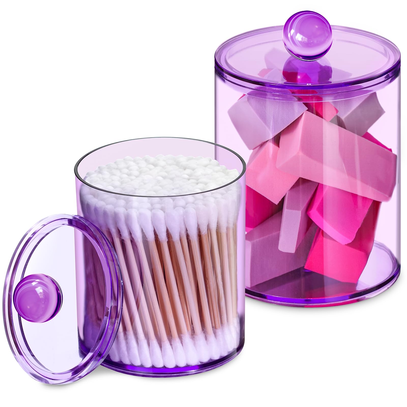 2 Pcs Acrylic Qtip Holder, Cotton Ball Holder Jars with Lids, Purple