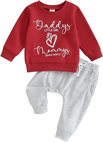 VISGOGO Valentine Baby Girl Boy Outfit Baby 2 Piece Love Letter Infant Clothes Long Sleeve Sweatshirt Pants Set