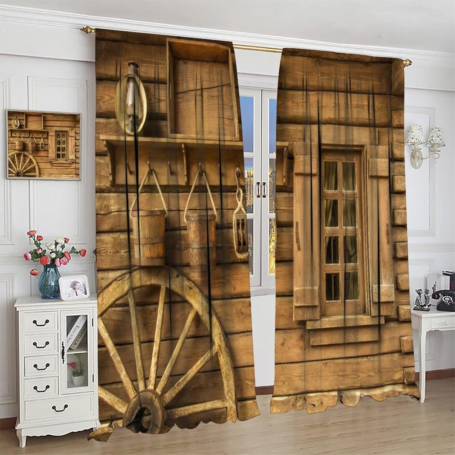 Western Curtains,Old Wheel Rustic Wooden House Countryside Vintage Theme Blackout Rod Pocket Window Drapes for Living Room Bedroom Kitchen Bathroom Decor W42xL45in