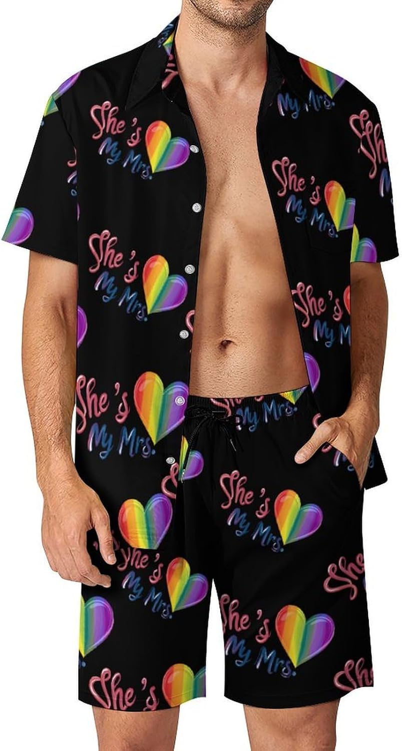 She's My Mrs. LGBTQ Flag Heart Summer Mens Vacation Outfits Beach Shirts Shorts Matching Set
