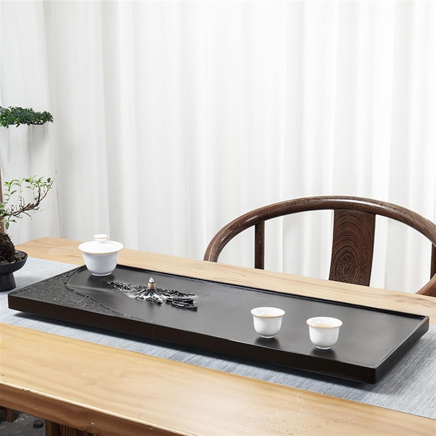 Tea Set Ebonite Tea Tray Embedded Whole Piece Natural Stone Tea Table Home Office Carved Stone with Drainage Tea Tray Chinese Tea Set(80x35x3cm)