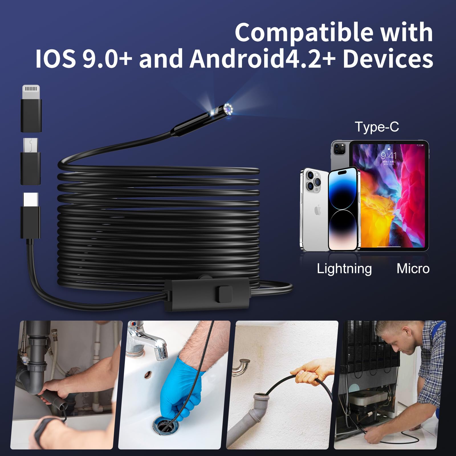 Telecamera endoscopica con luce, 1920P HD, periscopio con 8 LED regolabili, IP67, impermeabile, cavo a serpente semirigido per Android, iPhone e iPad (10 m, doppia lente)