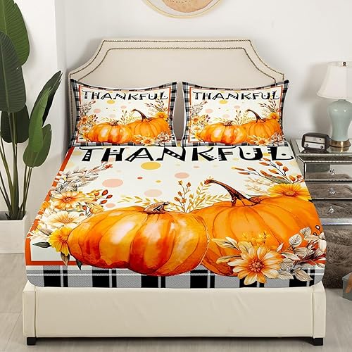 Miniatura 3 de Sábana bajera ajustable de calabaza de otoño para niñas y niños, tamaño Queen, juego de ropa de cama de cosecha de otoño, juego de sábanas