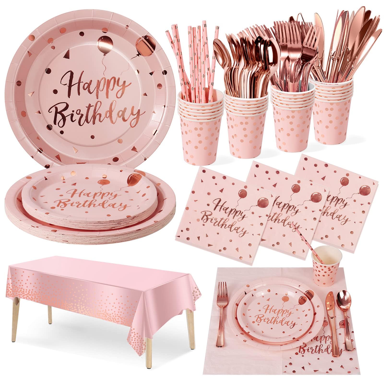 Nkaiso Birthday Party Tableware, 161 Pieces Pink and Rosegold Party Supplies, Party Dinnerware Sets Include Paper Plates Napkins Cups Silverware, for