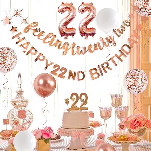 Miniatura 3 de Guirnalda de globos de aluminio con texto en inglés "Rose Gold Feeling 22" para mujer, decoraciones de cumpleaños 22 para colgar 22 y fabulosas