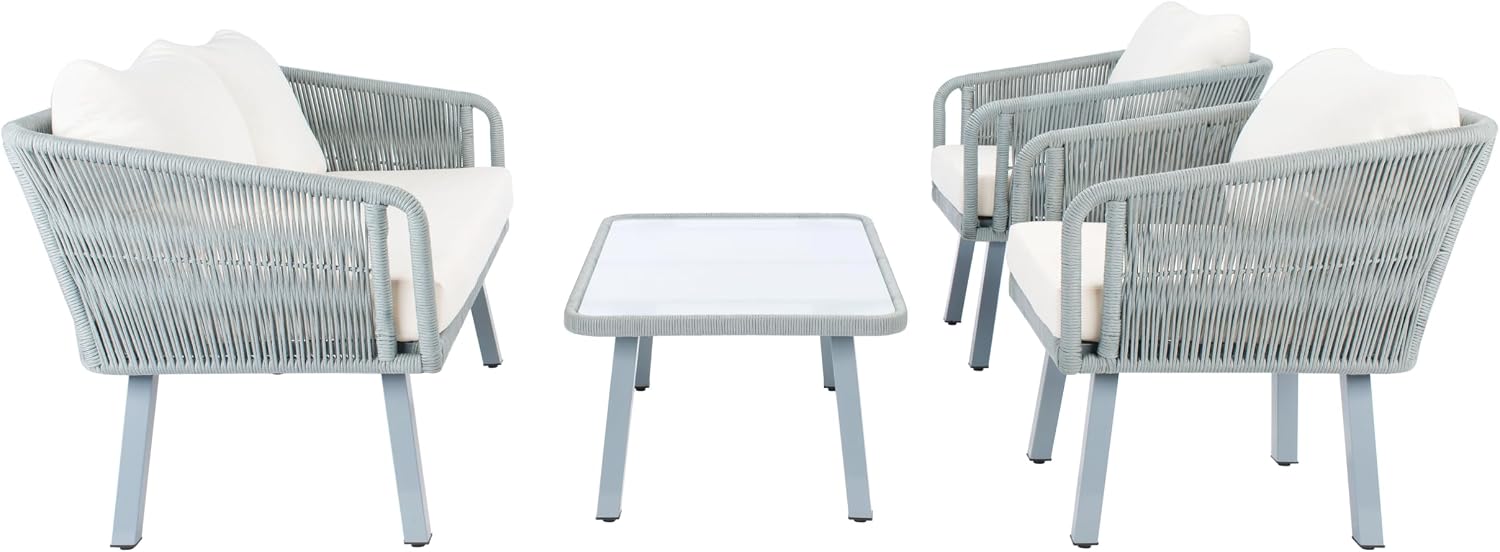 Safavieh Outdoor Collection Kerson Rope Cushion 4-Piece Patio Backyard Living Set PAT7519A, Grey/Beige