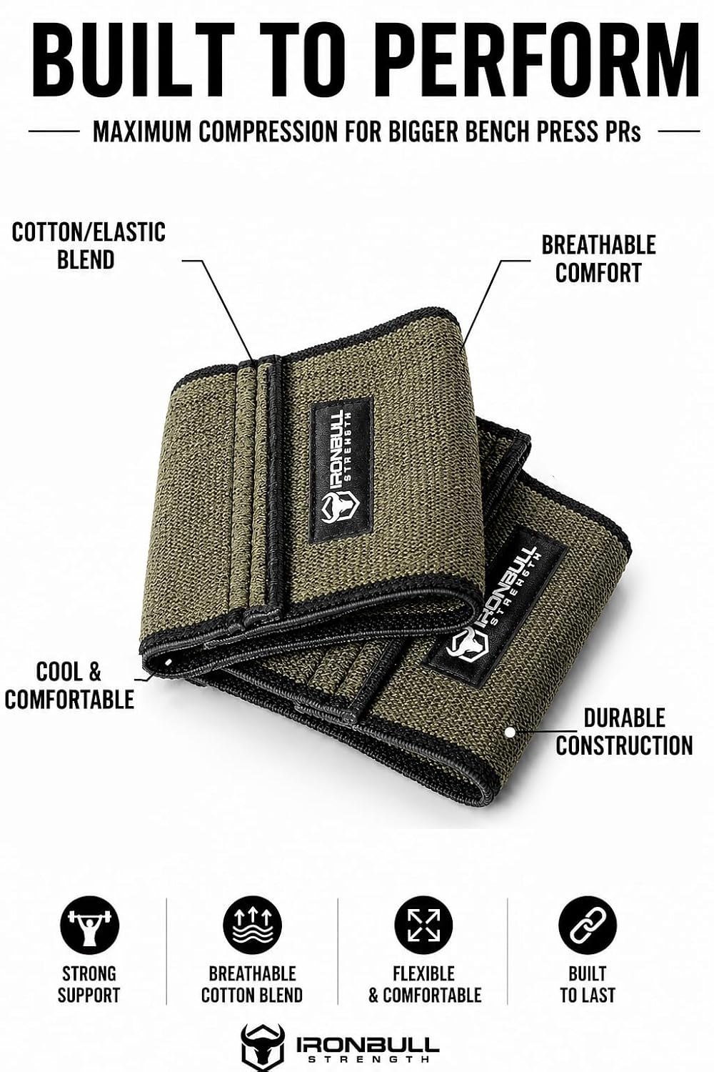 Iron Bull Strength Compression Elbow Sleeves for Lifting (Green, 12") - Maximum Compression for Bigger Bench Press PRs
