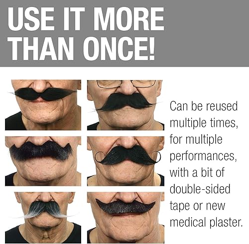 Miniatura 5 de Mustaches Mezcla de bigote falso autoadhesiva, novedad, paquete de valor de cabello facial falso (6 unidades)