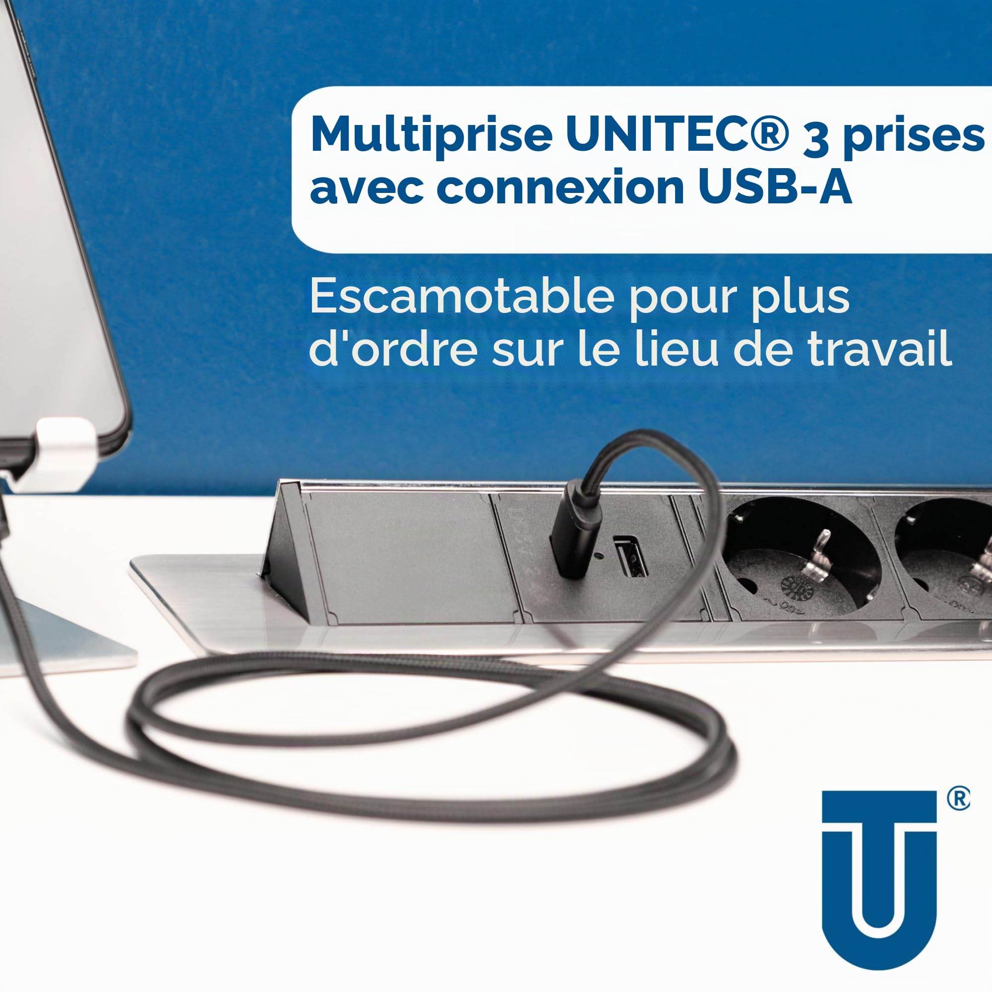 Unitec Multiprise escamotable horizontale | 2 prises de charge USB | 3 prises | rabats de fixation inclus | câble de raccordement et prise d'alimentation
