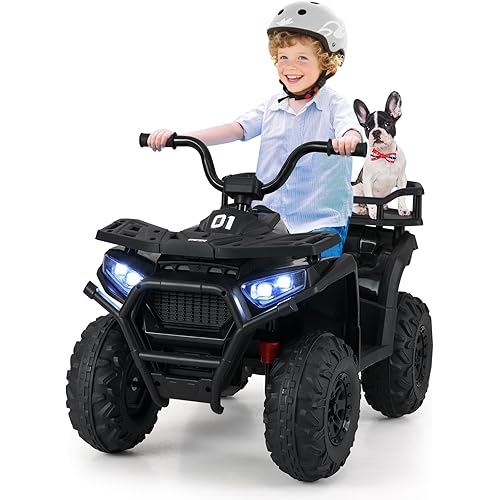 OLAKIDS 24V 4x4 Ride on Car, Kids ATV Quad with Bluetooth Music, LED Lights, Power Display, Rear Storage Rack, Spring Suspension, Electric 4 Wheeler for Kids Boys Girls Aged 3+ Years (Black)