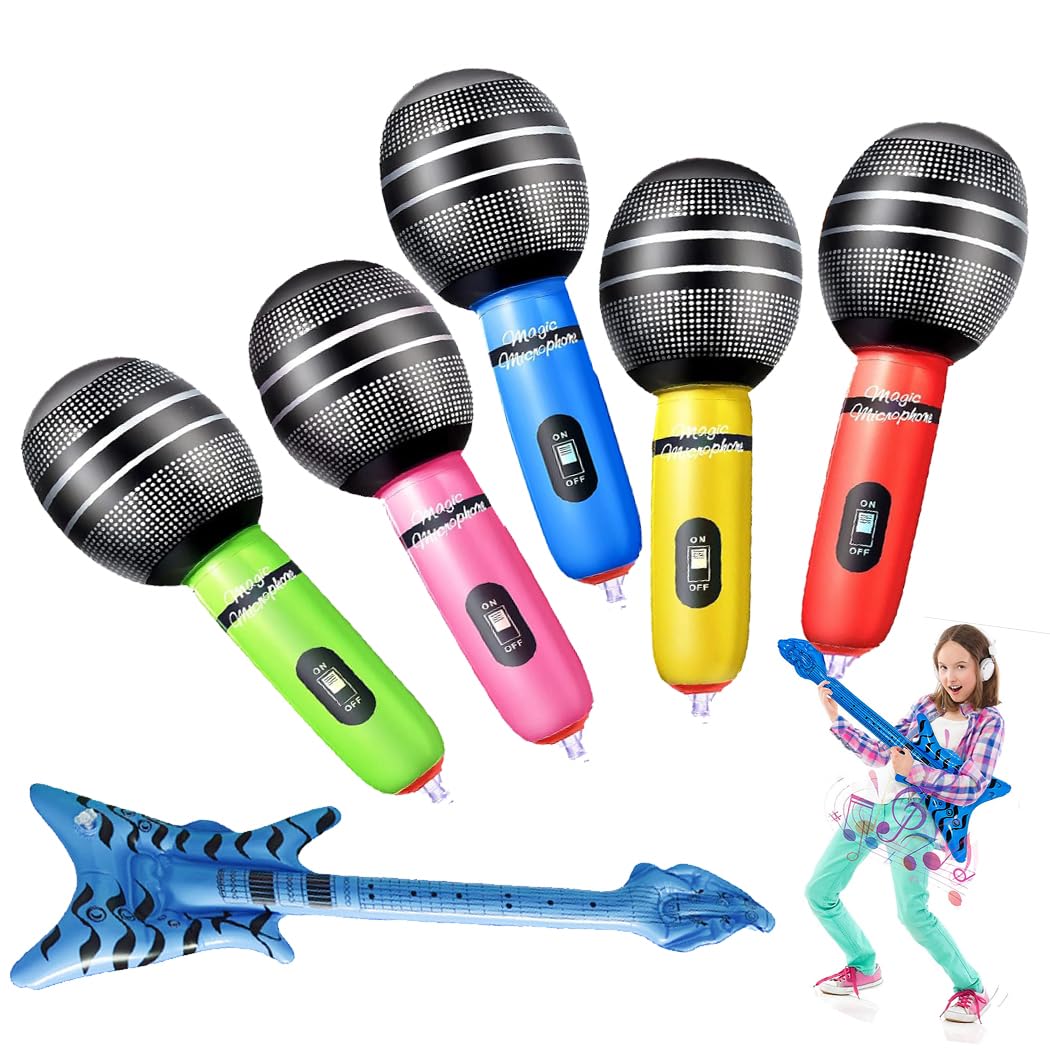 REVHQ Inflatable Guitar Microphone Balloon, 1 Pcs Inflatable Guitar and 6 Pcs Microphone Balloon, Inflatable Musical Instrument Balloons Rock Star Toy, Party Decoration Birthday Festival Carnival